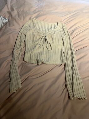 Rib-Knit Tie-Front Long Sleeve Top in Cream